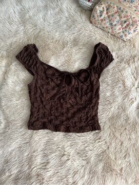Brown Knit Square-Neck Crop Top with Tie Detail